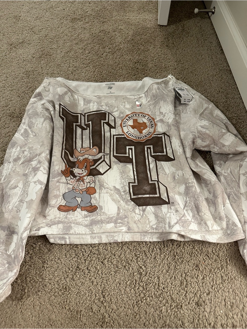 Hollister Off-Shoulder University Graphic Sweater in White and Brown